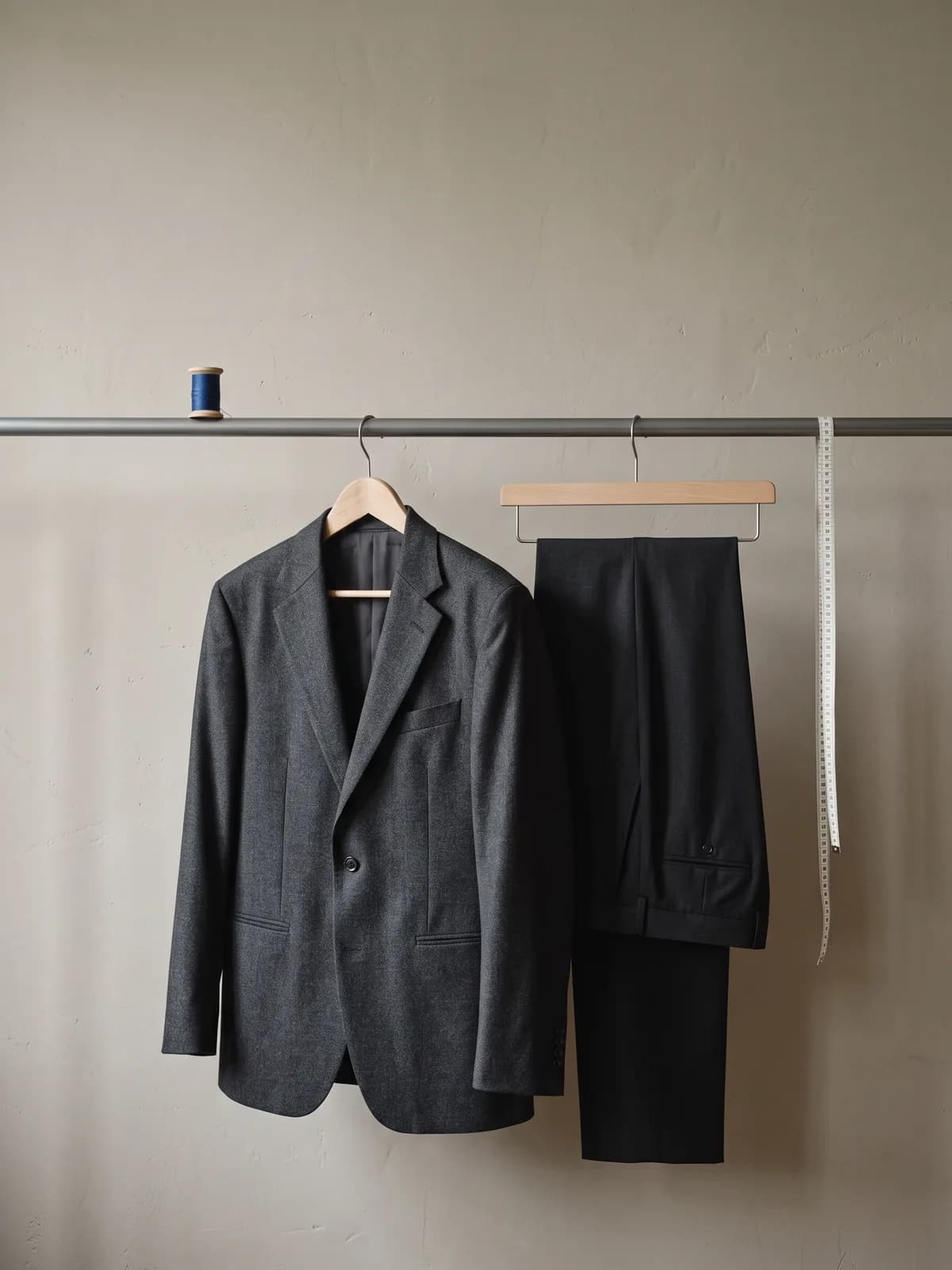 Symbolbild: Ein Sakko und eine Stoffhose hängen an einer Kleiderstange vor einer hellen Wand, daneben ein Maßband.